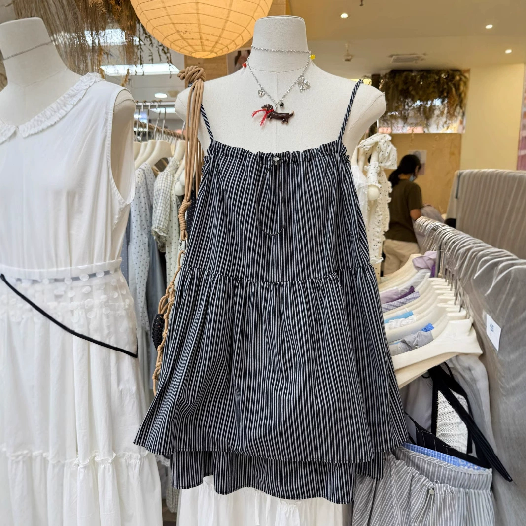 Новая летняя полосатая майка в корейском стиле с элегантной многослойной двойной юбкой без рукавов для женщин