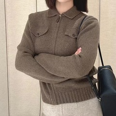 L*P  2025秋冬新款时尚简约高级感长袖翻领针织开衫拉链女装上衣