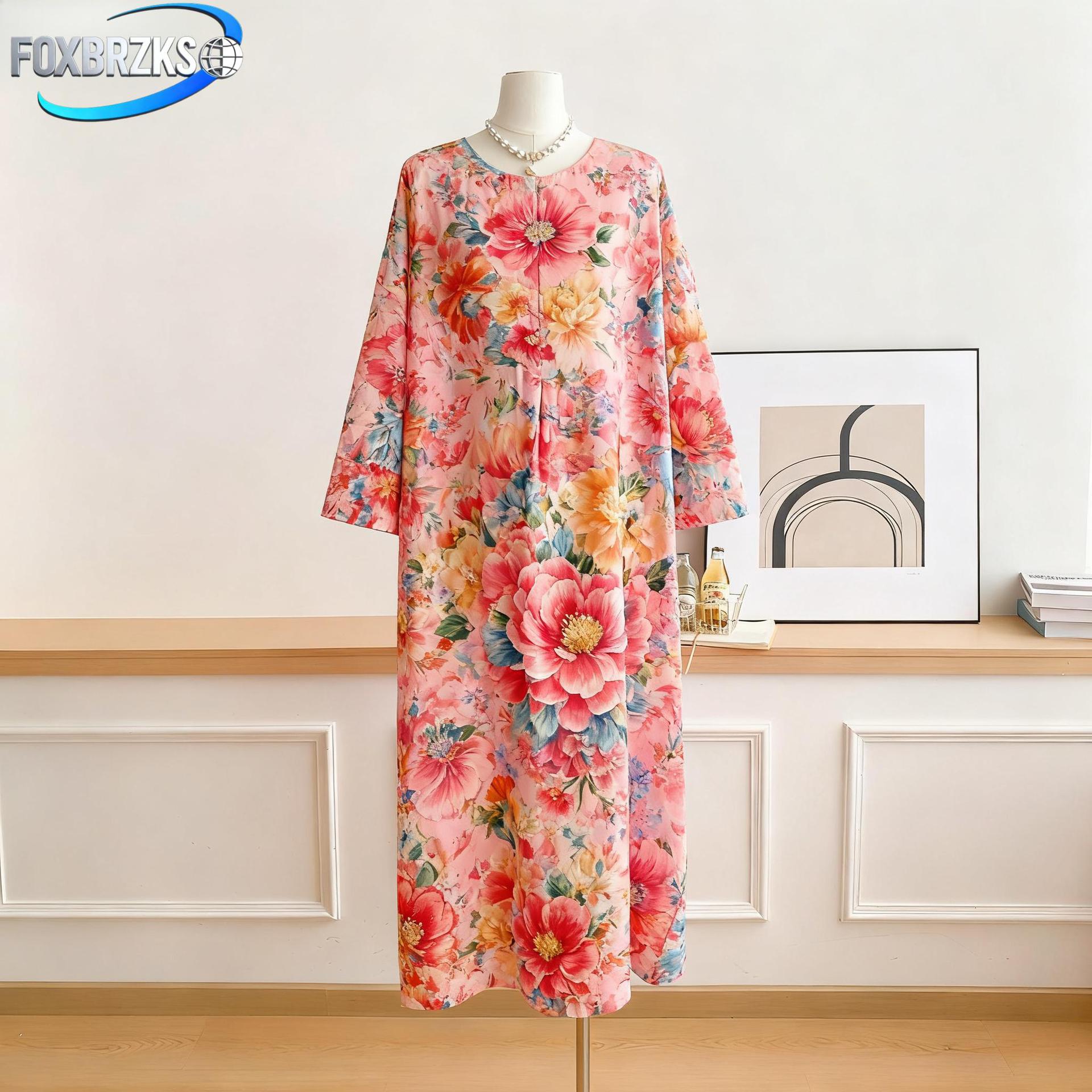 Elegant Muslim Women's Maxi Dress - Loose Fit Modest Abaya With 3D Floral Print - Breathable Polyester Blend Fabric - One Size Fits Most_ecoleips.com