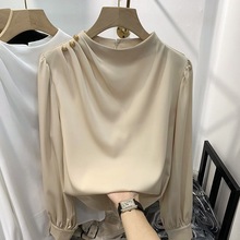 2025春季新款欧货设计感气质纯色肩钉珠套头长袖雪纺衫女薄款衬衫