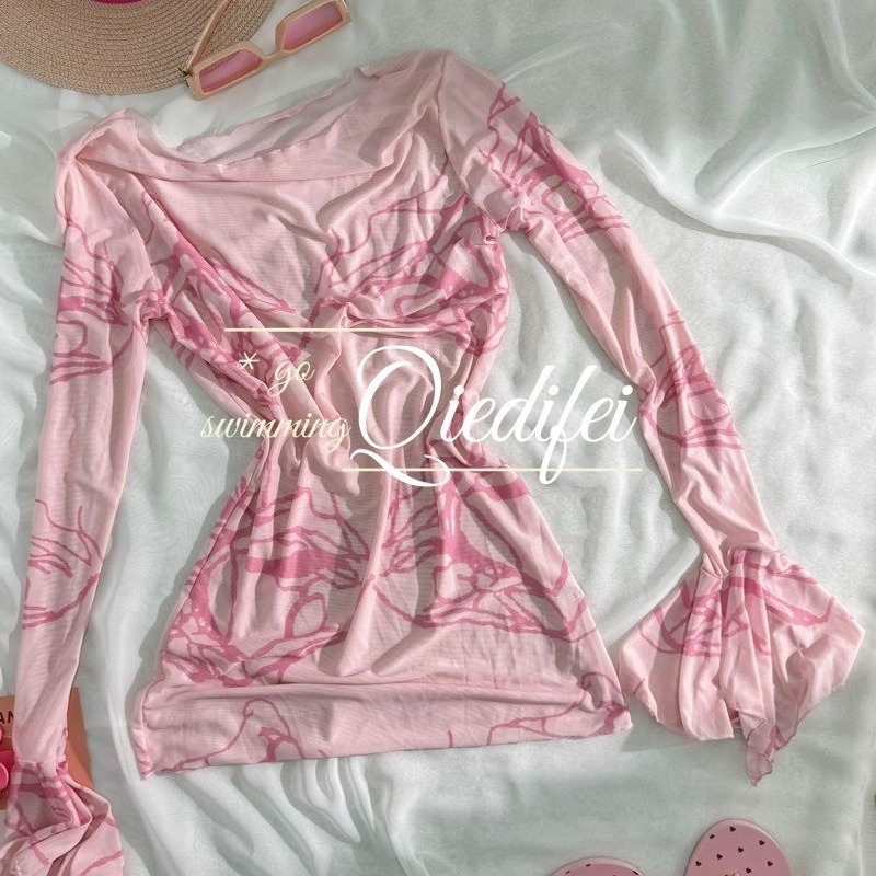 "Sweet Girl" Beach Vacation ins Bikini Pink Small Chest Push-up Blouse Sun Protection and Meat Covering Swimsuit Women