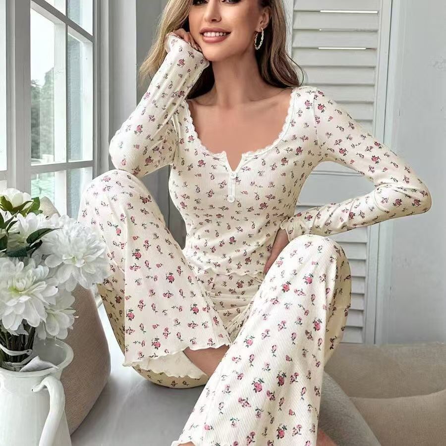 Cross-Border Amazon European and American Long-Sleeved Collared Pajamas with Small Floral Print, Peanut Vegetable Rolled Hem Long Pants, Loungewear Set for Women