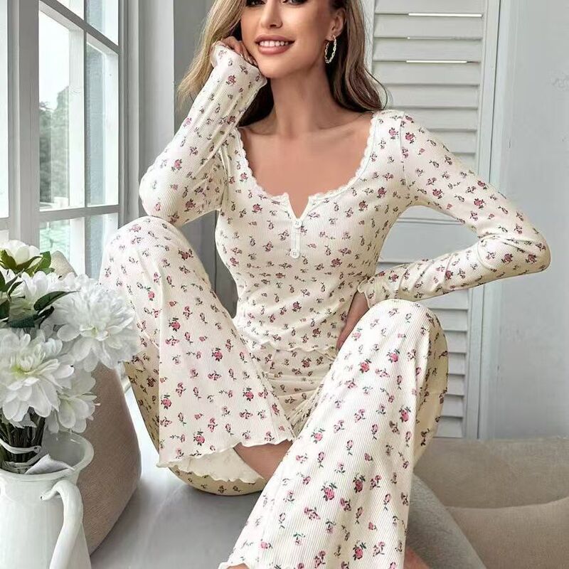 Cross-Border Amazon European and American Long-Sleeved Collared Pajamas with Small Floral Print, Peanut Vegetable Rolled Hem Long Pants, Loungewear Set for Women Cross-Border Amazon European and American Long-Sleeved Collared Pajamas with Small Floral Print, Peanut Vegetable Rolled Hem Long Pants, Loungewear Set for Women