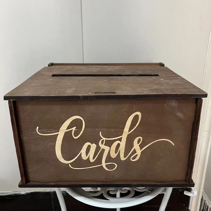 American retro wooden wedding card box, laser-engraved "Cards" lettering, vintage decorative party card for weddings