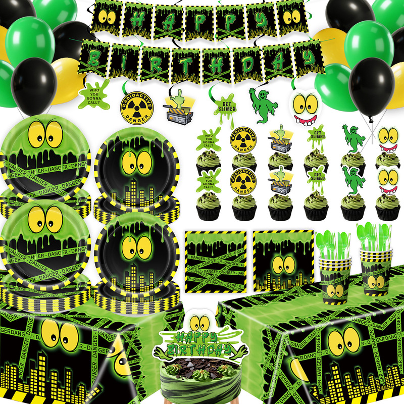 Amazon's best-selling green slime monster with big eyes themed birthday party tableware set decoration supplies
