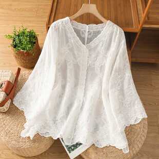 Real Shot of Lace Crochet Embroider Sun Protection V Neck Shirt for Women in Summer, Light and Breathable, Age-Reducing Outer Shirt for Women