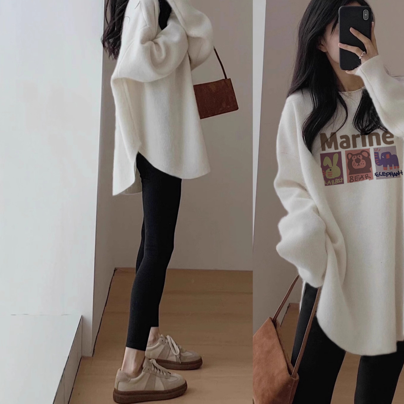 White Sharkskin Pants Top for Autumn and Winter, Thickened Brushed Cotton Base Layer for Women, Mid-Length Shirt That Covers the Hips