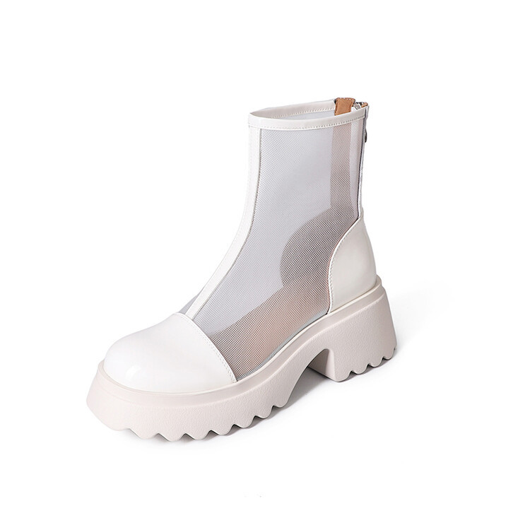 Boot ngắn nữ da thật vải lưới cao gót 6cm mùa hè phong cách Anh thoáng khí — Màu đen, Trắng be chi tiết 101