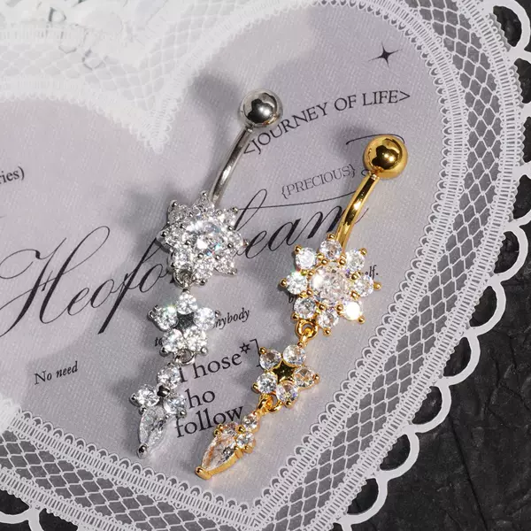 Flower Pendant Stainless Steel Belly Button Ring European and American Fashion Titanium Alloy Belly Button Ring Copper Inlaid Zircon Navel Jewelry Piercing Jewelry