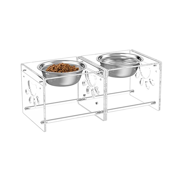 亚克力高架宠物喂食器双碗高架支架，带2个不锈钢碗，用于狗和猫