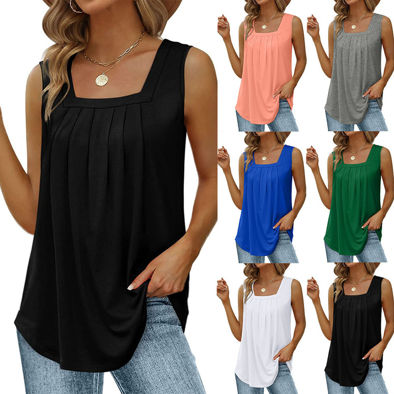 2024 Export Popular Sleeveless Square Collar Vest T-Shirt for Women Pure Color Pleated Swallowtail Suspender Fashionable Inner Top
