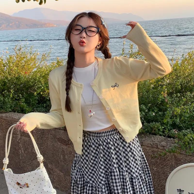 黄色针织开衫女蝴蝶结刺绣长袖短款外套休闲初春穿搭薄款百搭上衣|undefined