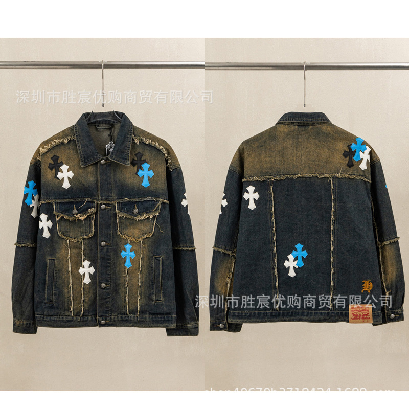 Nanyou High-Quality Chrome Cross Patch CH Vintage Turn-Down Collar Denim Jacket Unisex Cross-Border Trend Nanyou High-Quality Chrome Cross Patch CH Vintage Turn-Down Collar Denim Jacket Unisex Cross-Border Trend