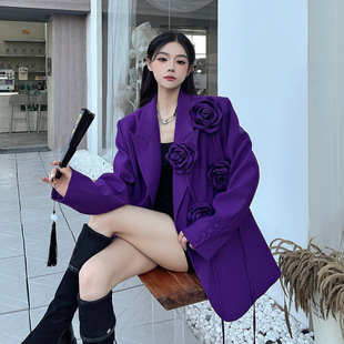 Real shot real price purple three-dimensional flower heavy industry suit jacket female niche design high-grade shoulder pad suit