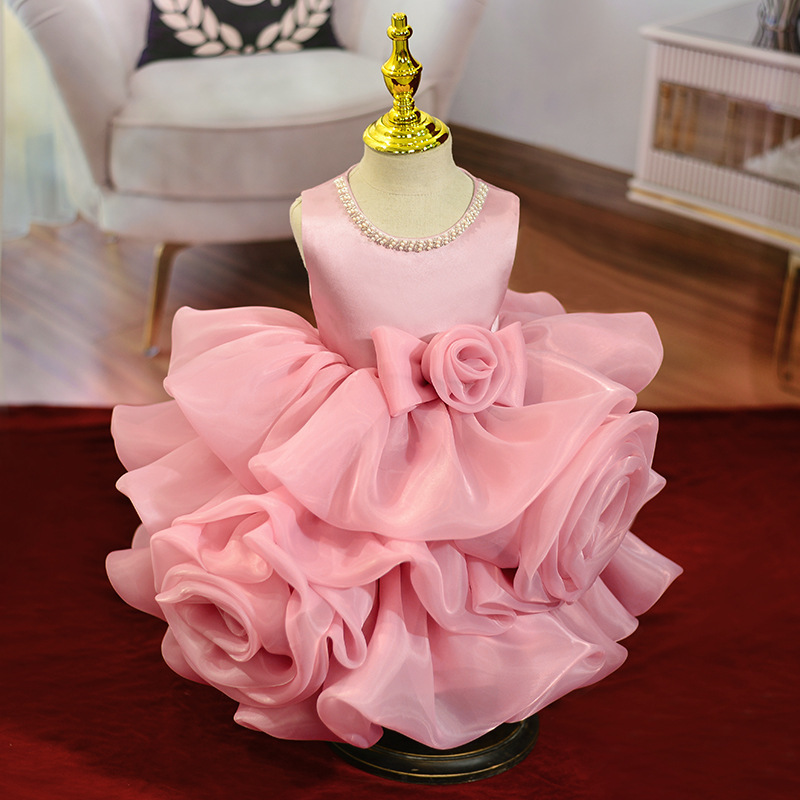 Cross-Border Hot-Selling Foreign Trade Girls' Three-Dimensional Rose Pearl Collar Tutu Skirt Children's Clothing, Birthday Party Dress for Older Children