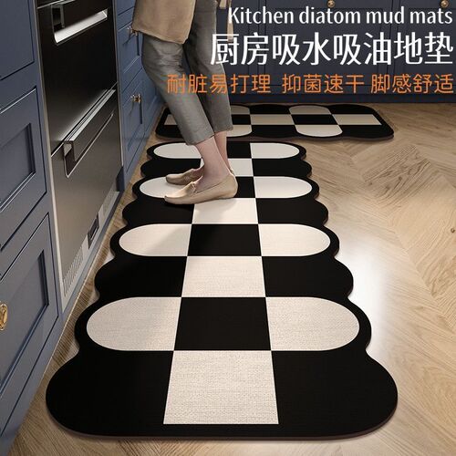 Kitchen Diatomaceous Earth Mat Household Long Strip Irregular Black and White Tower Rug Absorbent Anti-slip Stain-resistant Washable Foot Mat
