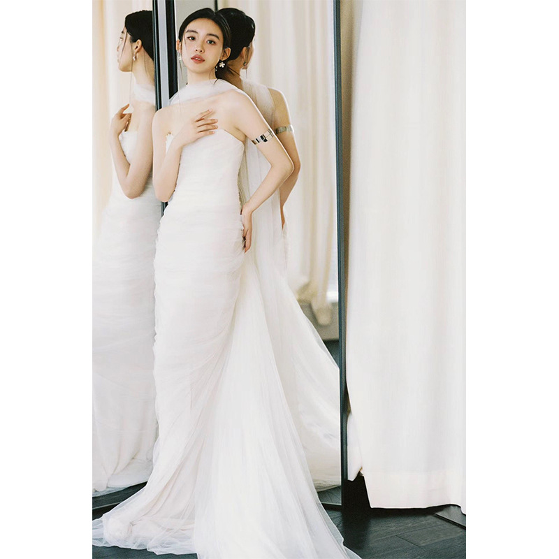 Light Gauze Mist Romantic Fairy Tube Top Princess Bride French Wedding Dress Dressing Gown Toast Dress 19990