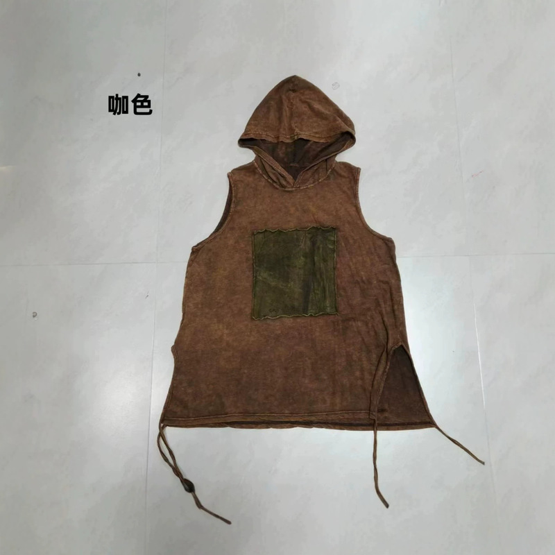 Early autumn new bamboo cotton hoodie for women, distressed and vintage-style, with unique and trendy patchwork design, slit and tassel detail Early autumn new bamboo cotton hoodie for women, distressed and vintage-style, with unique and trendy patchwork design, slit and tassel detail