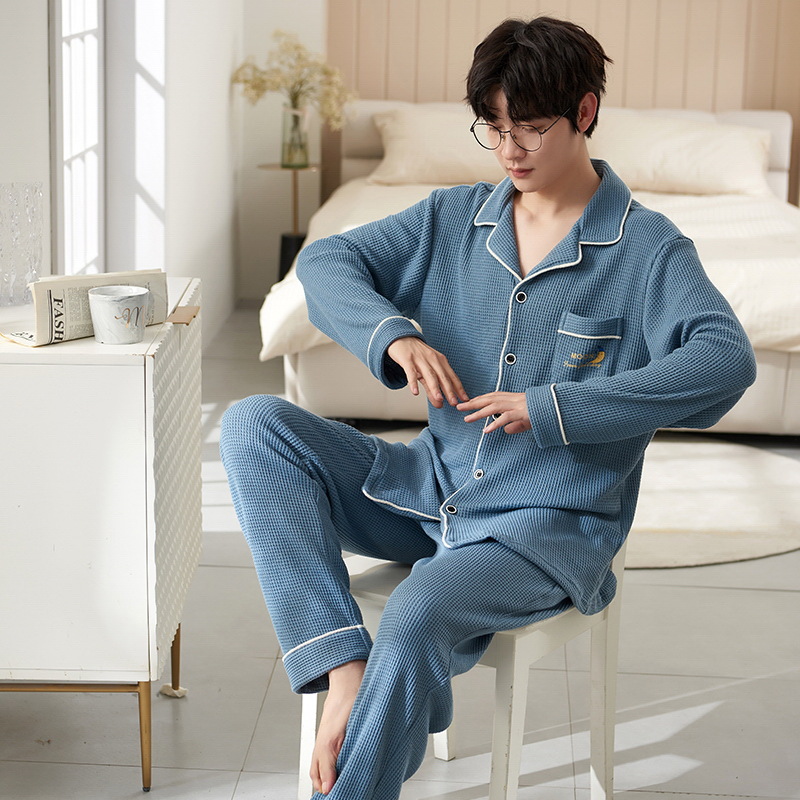 Pijamas de hombre Primavera y otoño solapa de manga larga Cardigan Youth algodón más tamaño suelto traje de uso doméstico se puede usar fuera