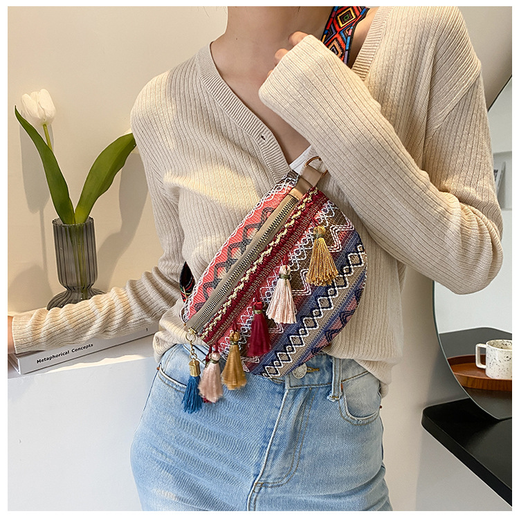 Venda quente pequeno peito perfumado tecido estilo étnico cor contrastante borla nova fita cintura bolsa crossbody tendência_voghion.com