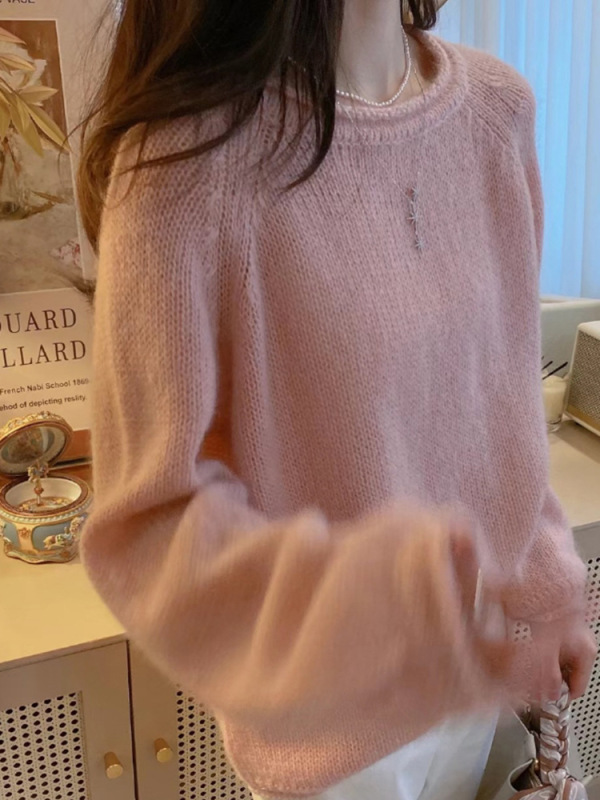 欧货高端100%纯羊毛衫女宽松慵懒秋冬粉色软糯针织圆领打底毛衣|undefined