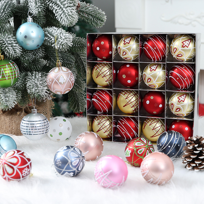 Nuevos productos transfronterizos decoraciones navideñas 16 bolas pintadas oro rojo rojo blanco 6cm colgante de árbol de bolas de plástico galvanizado