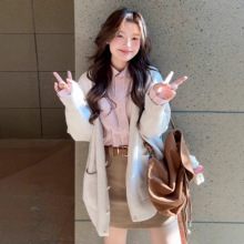 裙套装女秋冬2025新款法式气质毛衣外套粉色长袖衬衫短裙子三件套