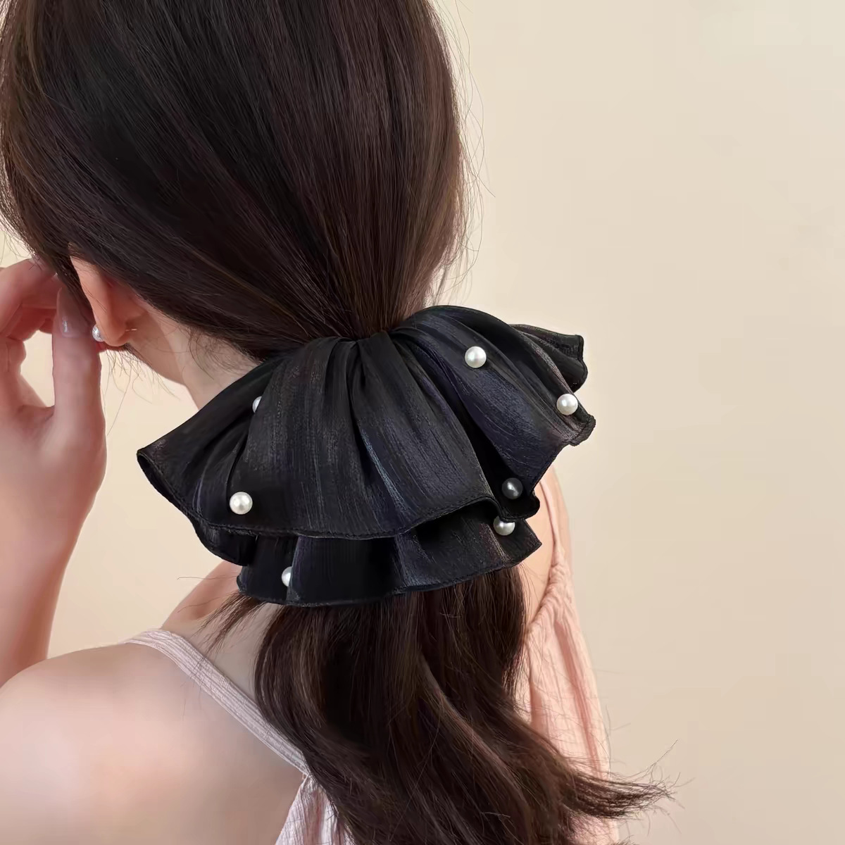 Chouchou à fleurs en maille avec perles style français chic_voghion.com