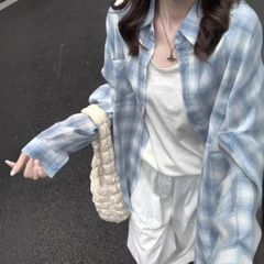 薄款防晒衬衫上衣女夏设计感宽松慵懒长袖蓝色条纹设计感休闲衬衣