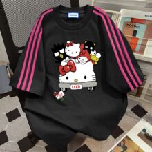 2026夏季可爱趣味Kitty猫印花短袖t恤撞色拼接三条杠休闲宽松上衣