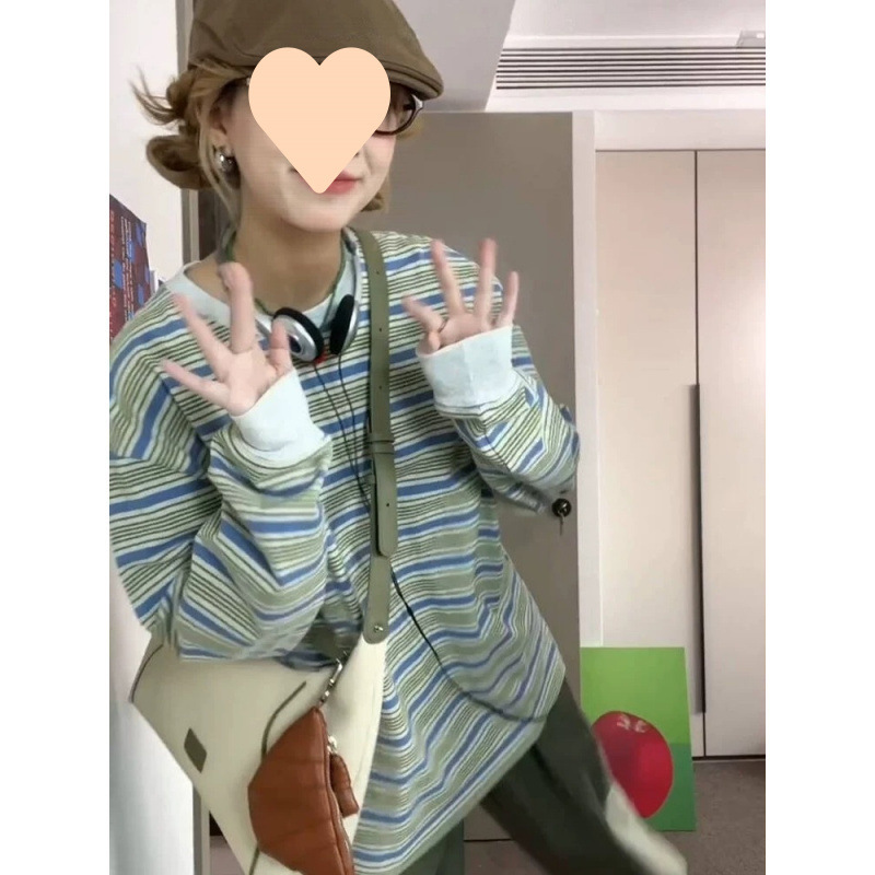 条纹正肩长袖恤女春秋季设计感小众打底衫内搭体恤宽松上衣外穿|undefined