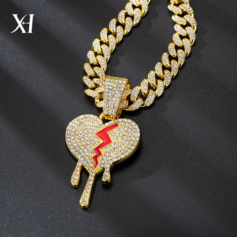 New full diamond Cuban chain splicing letter love pendant hip-hop street culture trendy men's necklace_voghion.com