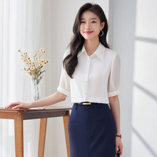 2024夏雪纺衬衫女装设计感小众韩版短袖新款白色职业打底百搭衬衣