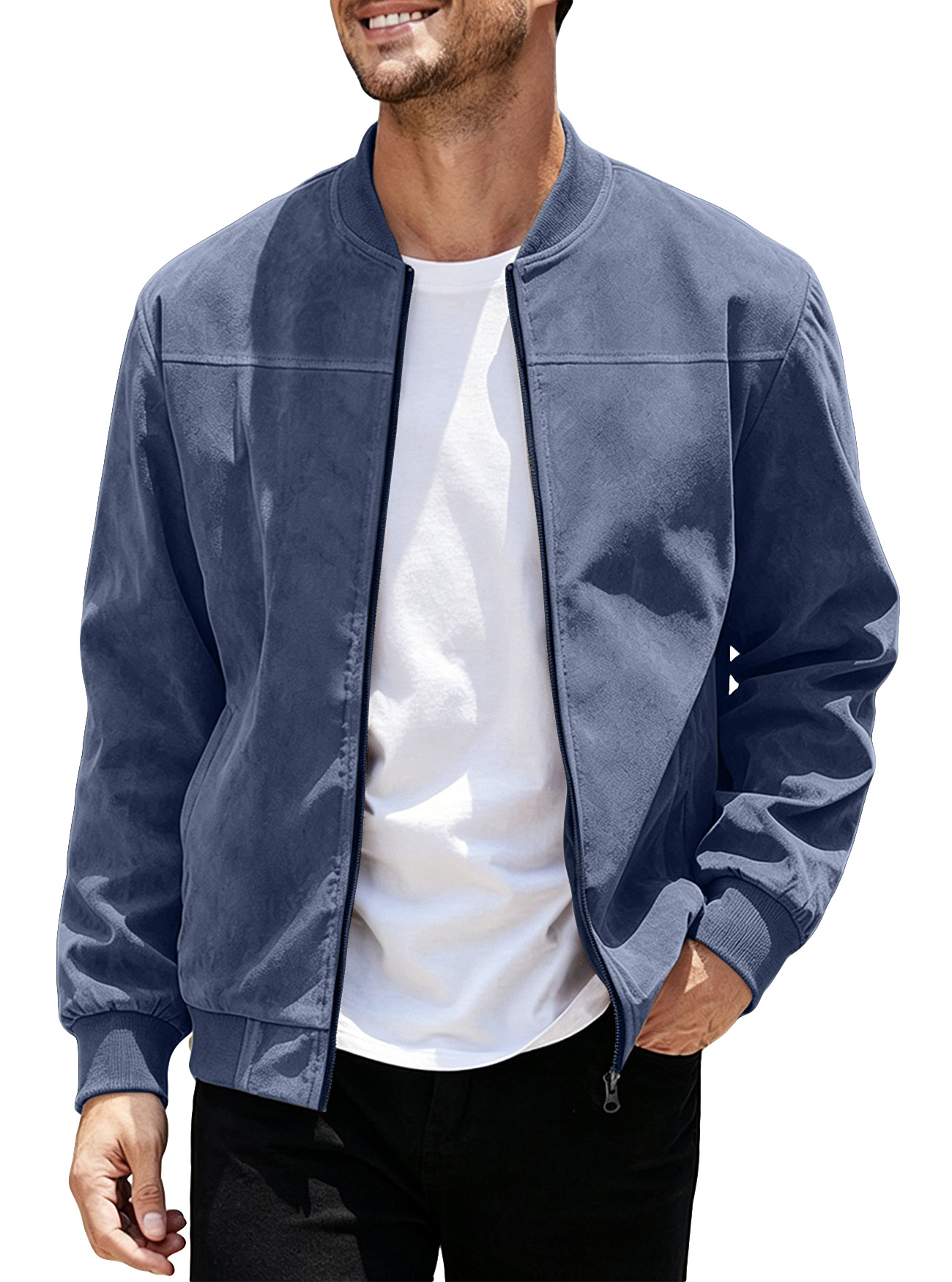 Amazon transfronterizo de caída de seda de color sólido chaqueta con cremallera de hombre retro manga larga comercio exterior chaqueta cardigan image 9