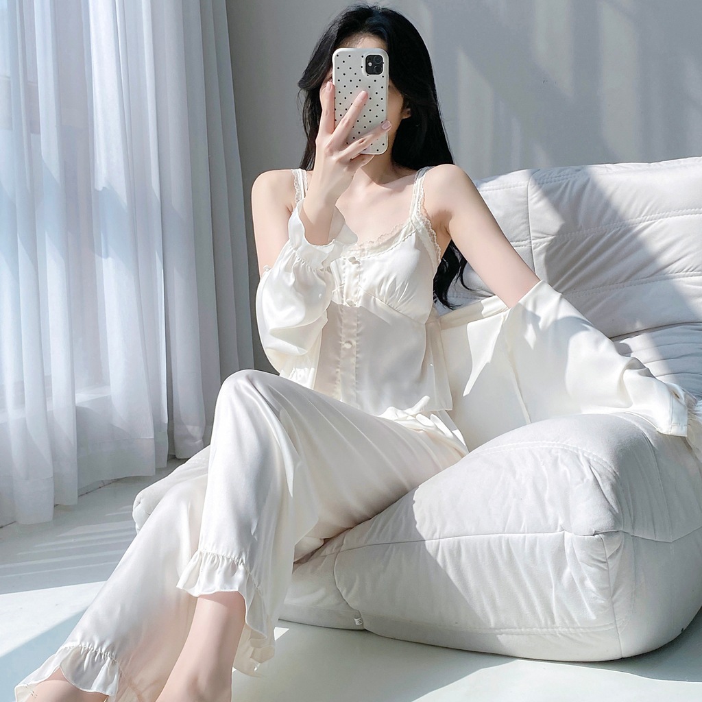 봄, 가을, 여름 신상 여성용 섹시하고 청순한 잠옷, 아이스 실크 멜빵 긴팔 홈웨어 3종 세트, 가슴 패드 포함, 해외배송