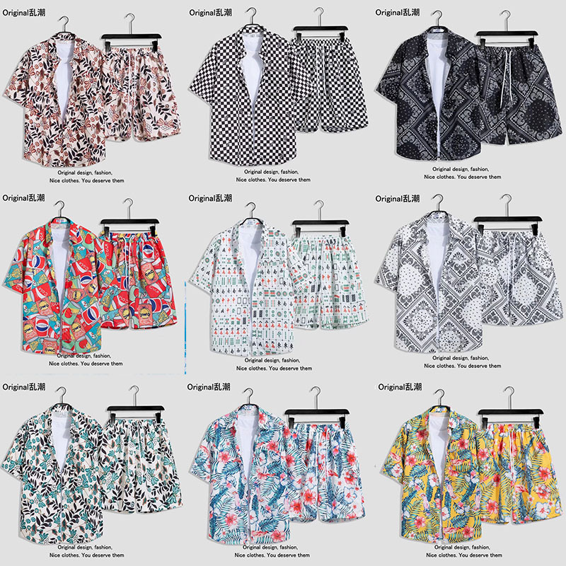 Verano playa floral camisa de manga corta traje de los hombres sueltos ins retro completo impreso pantalones cortos camisa de dos piezas