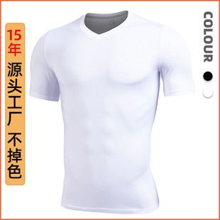 Silk Picture Cross-Border Short-Sleeved Fitness Clothing Men's Summer Elastic Quick-Drying Pro Bodysuit Training V Neck Sports T-Shirt
