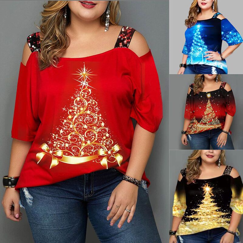 European and American Amazon wish AliExpress women's Christmas tree print off-shoulder loose-fit short-sleeve plus size T-shirt top European and American Amazon wish AliExpress women's Christmas tree print off-shoulder loose-fit short-sleeve plus size T-shirt top