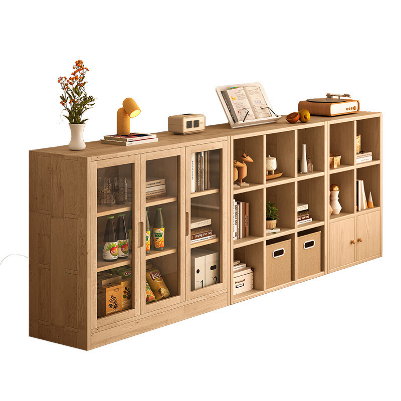 Estantería de madera maciza completa con puerta de vidrio, gabinete a cuadros de combinación libre, gabinete de almacenamiento de piso, estantería a prueba de polvo para el hogar