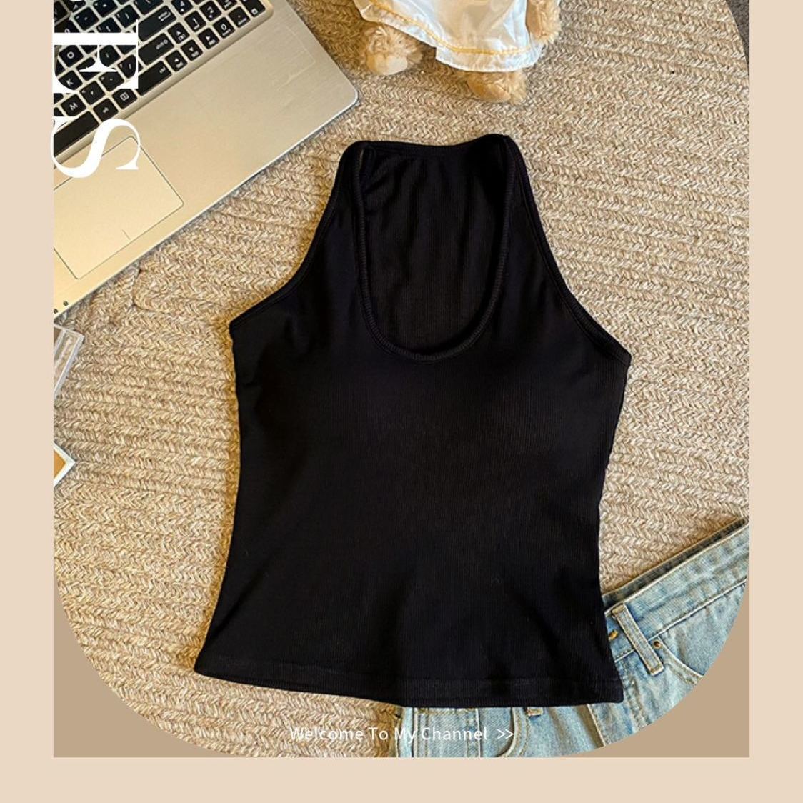 Verano nuevo colgante chaleco con cojín de pecho integrado delgado universal delgado cuello U hermosa camisa de espalda mujer