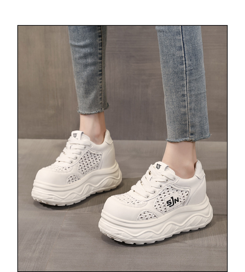 Giày sneaker nữ đế dày tăng chiều cao, thiết kế rỗng thoáng khí, phối trắng cơ bản — màu đen chi tiết 13