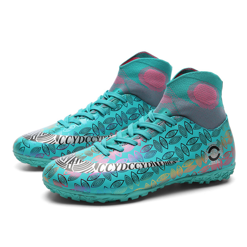 Zapatos de fútbol transfronterizos al por mayor resistentes al desgaste transpirable de color de Pato Mandarín alto-top antideslizante casual corto hierba de uñas zapatos de entrenamiento para niños