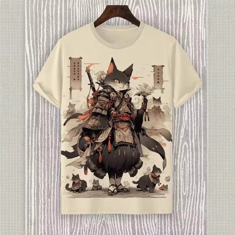 Tinta Jianghu Cat Dog Hero 3D Impresión digital Spot Moda callejera para hombres Camiseta de manga corta con cuello redondo y hombro
