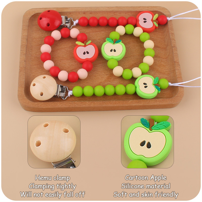 Nuevo bebé dibujos animados silicona Apple chupete cadena calmante bebé silicona mordedor pulsera juguete conjunto de dos piezas
