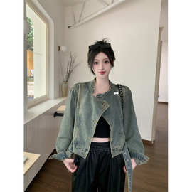 美式复古做旧设计感立领宽松短款牛仔外套女
