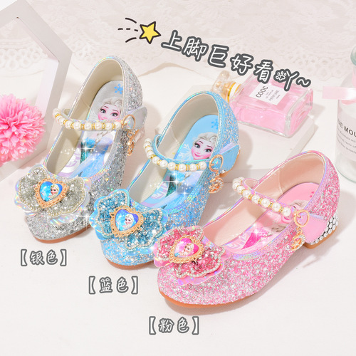 Children's leather shoes for spring and autumn, Elsa single shoes for little princess, crystal shoes for little girls, high heels with soft soles, children's shoes for girls