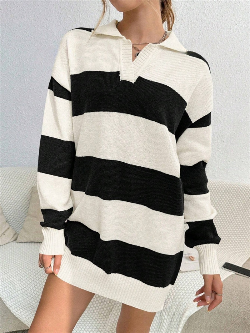 Autumn Winter Contrast Color Stripes Loose Slimming Knitted Woolen