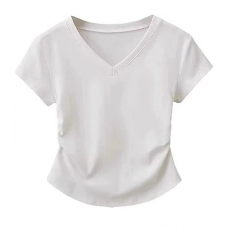 夏用右肩Vネックプリーツ万能半袖Tシャツレディーススリムフィットホットガールデザインショートイレギュラートップ|undefined