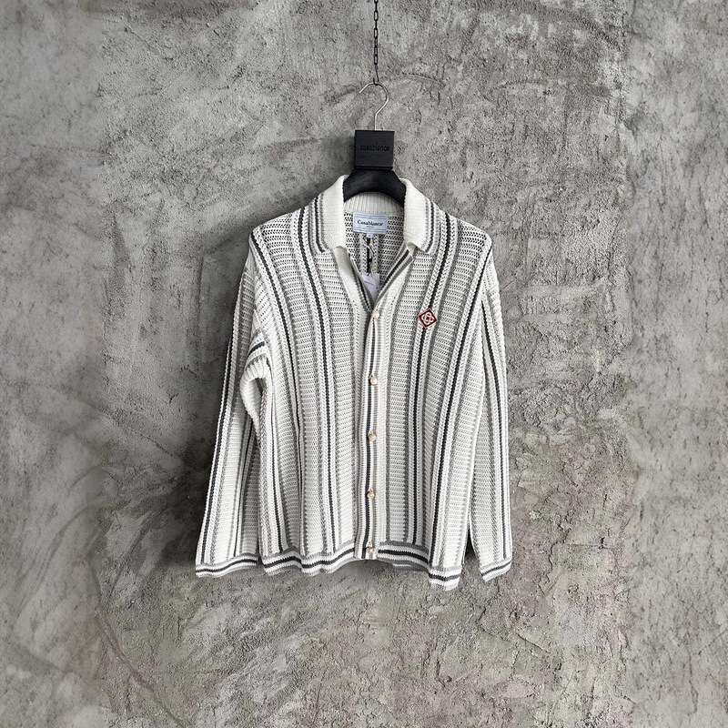 in stock CASABLANCA knitted gray black striped sweater handmade knitted cotton cardigan shirt ins foreign trade
