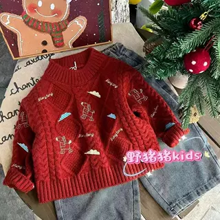 红色儿童毛衣2026年秋冬装加厚保暖针织衫新年拜年服男童外穿爆款